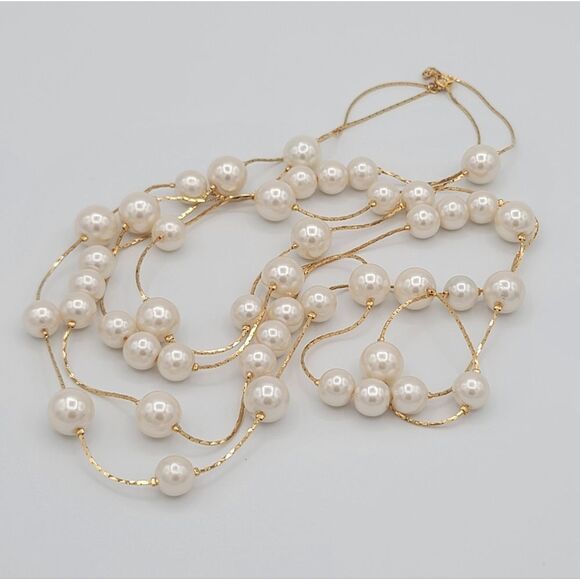 Necklace Faux Pearl & Gold Tone Double Strand Classic Necklace #443 - Picture 5 of 11